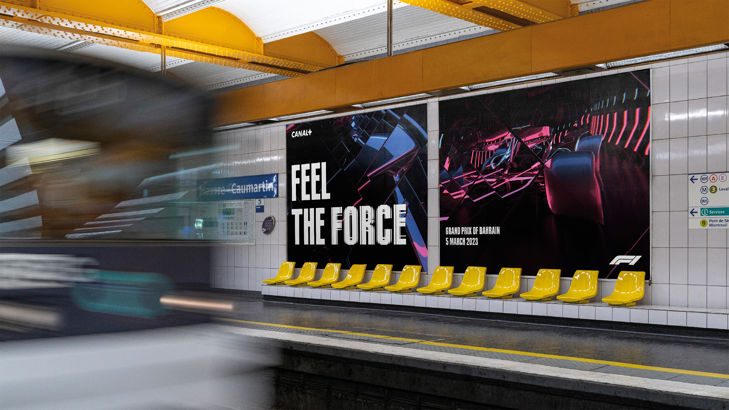 Two print ads for Canal+ reading 'Feel the force' on a station platform behind seating