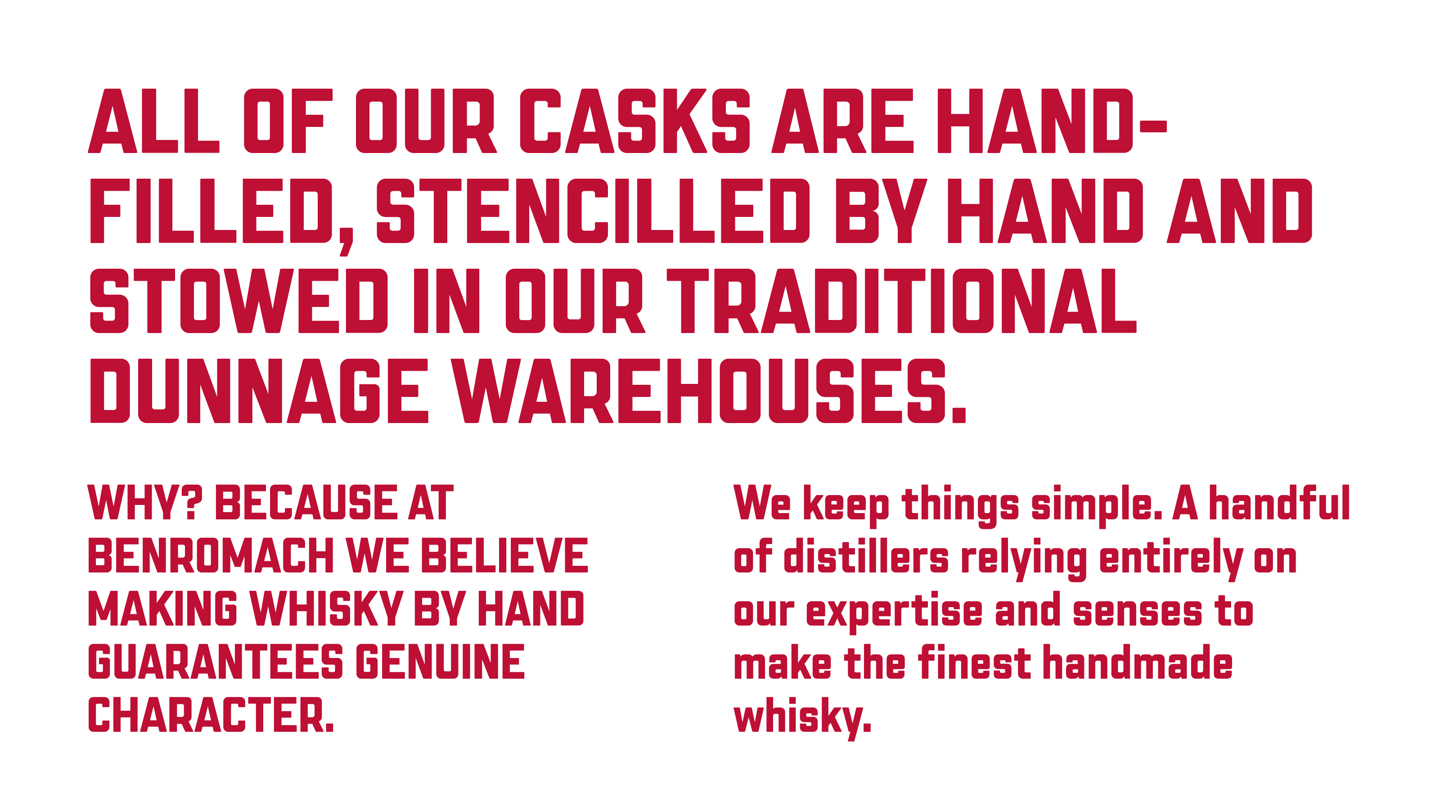 Benromach brand text in red describing the whisky on a white bacground