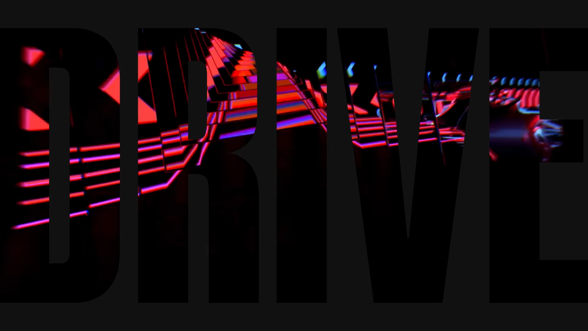 Digital blue and red lights in a repeating arrow pattern on a black background inside the word DRIVE