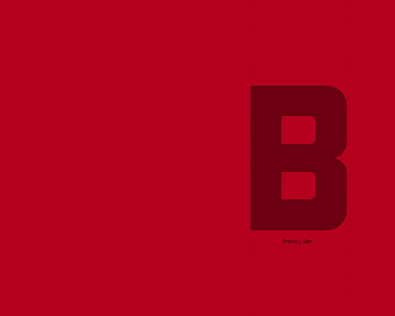 The letter B within a baseline dotted line on red background